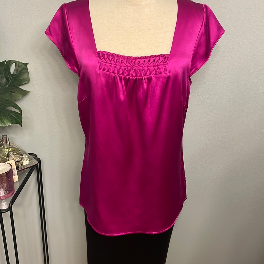 Tesori Fuchsia Silk square neck Cap Sleeve Top